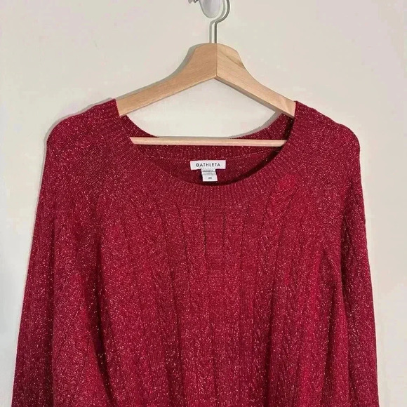Athleta Crossroads Metallic Holiday Sweater Cable Knit Crew Wool | Red | SZ 2X - Picture 7 of 13